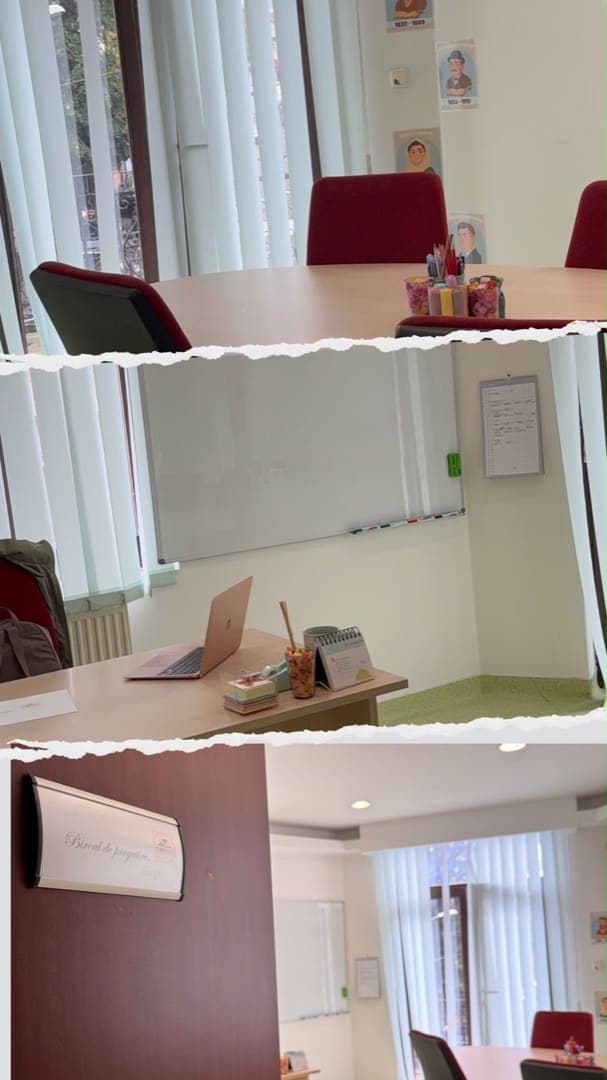 Colaj cu sala de meditații: masa rotundă, tabla și plăcuța „Biroul de pregătire”